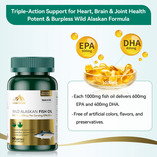 Triple Strength Wild Alaskan Fish Oil Omega-3-1000mg with 600mg EPA & 400mg DHA - Burpless Softgels for Heart, Brain, Joint & Eye Health - 60 Softgels (1mo Supply) - Non-GMO, Pescatarian Friendly