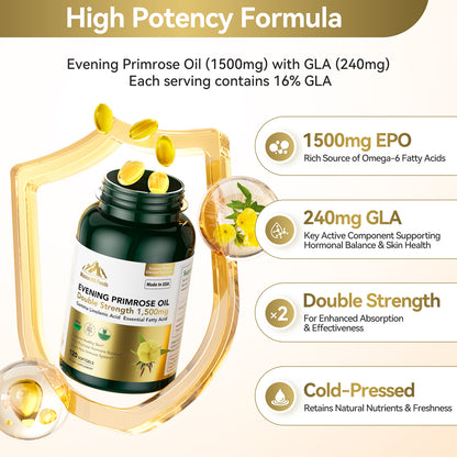 1500mg Evening Primrose Oil Capsules for Women | 240mg High GLA (16%) for Hormonal Balance & Skin Health (1 Bottle-120 Softgels-2mo Supply) Menopause Supplements | Non-GMO, Gluten-Free, Cold Pressed