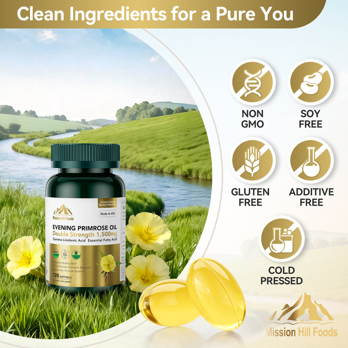 1500mg Evening Primrose Oil Capsules for Women | 240mg High GLA (16%) for Hormonal Balance & Skin Health (1 Bottle-120 Softgels-2mo Supply) Menopause Supplements | Non-GMO, Gluten-Free, Cold Pressed