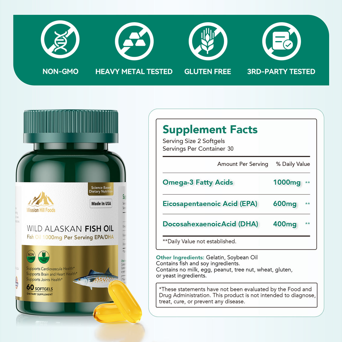Triple Strength Wild Alaskan Fish Oil Omega-3-1000mg with 600mg EPA & 400mg DHA - Burpless Softgels for Heart, Brain, Joint & Eye Health - 60 Softgels (1mo Supply) - Non-GMO, Pescatarian Friendly