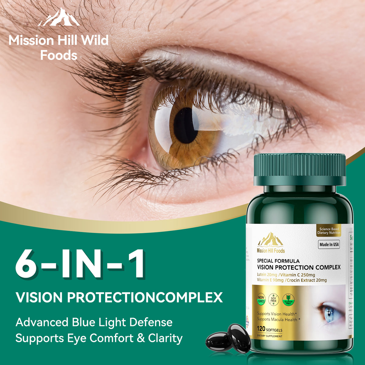 Lutein 20mg with Zeaxanthin Supplement | 6 in 1 Vision Protection Complex for Eye Health, Macular & Blue Light Support | 120 Softgels - 4 Month Supply | Non-GMO, Gluten Free