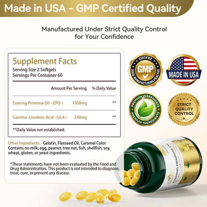 1500mg Evening Primrose Oil Capsules for Women | 240mg High GLA (16%) for Hormonal Balance & Skin Health (1 Bottle-120 Softgels-2mo Supply) Menopause Supplements | Non-GMO, Gluten-Free, Cold Pressed