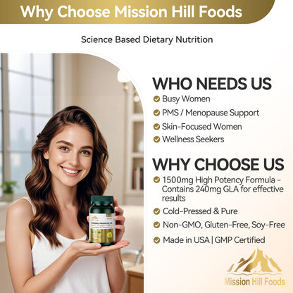 1500mg Evening Primrose Oil Capsules for Women | 240mg High GLA (16%) for Hormonal Balance & Skin Health (1 Bottle-120 Softgels-2mo Supply) Menopause Supplements | Non-GMO, Gluten-Free, Cold Pressed
