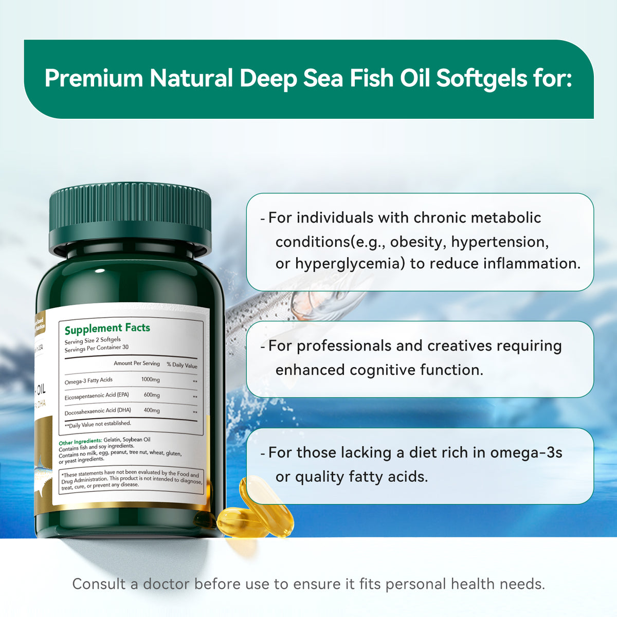 Triple Strength Wild Alaskan Fish Oil Omega-3-1000mg with 600mg EPA & 400mg DHA - Burpless Softgels for Heart, Brain, Joint & Eye Health - 60 Softgels (1mo Supply) - Non-GMO, Pescatarian Friendly