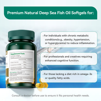 Triple Strength Wild Alaskan Fish Oil Omega-3-1000mg with 600mg EPA & 400mg DHA - Burpless Softgels for Heart, Brain, Joint & Eye Health - 60 Softgels (1mo Supply) - Non-GMO, Pescatarian Friendly